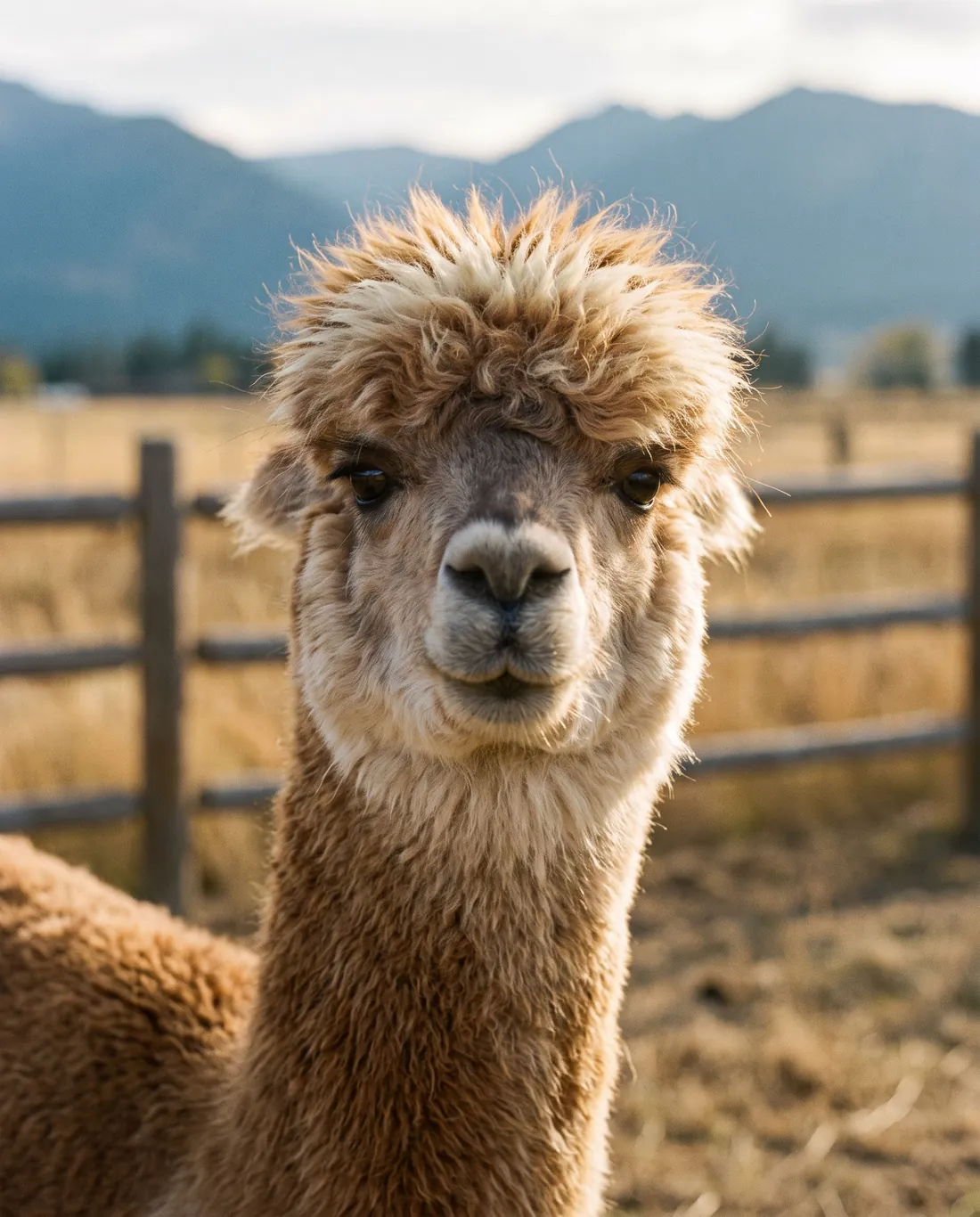 A shaggy alpaca in a Central Utah pasture, staring straight at the camera.