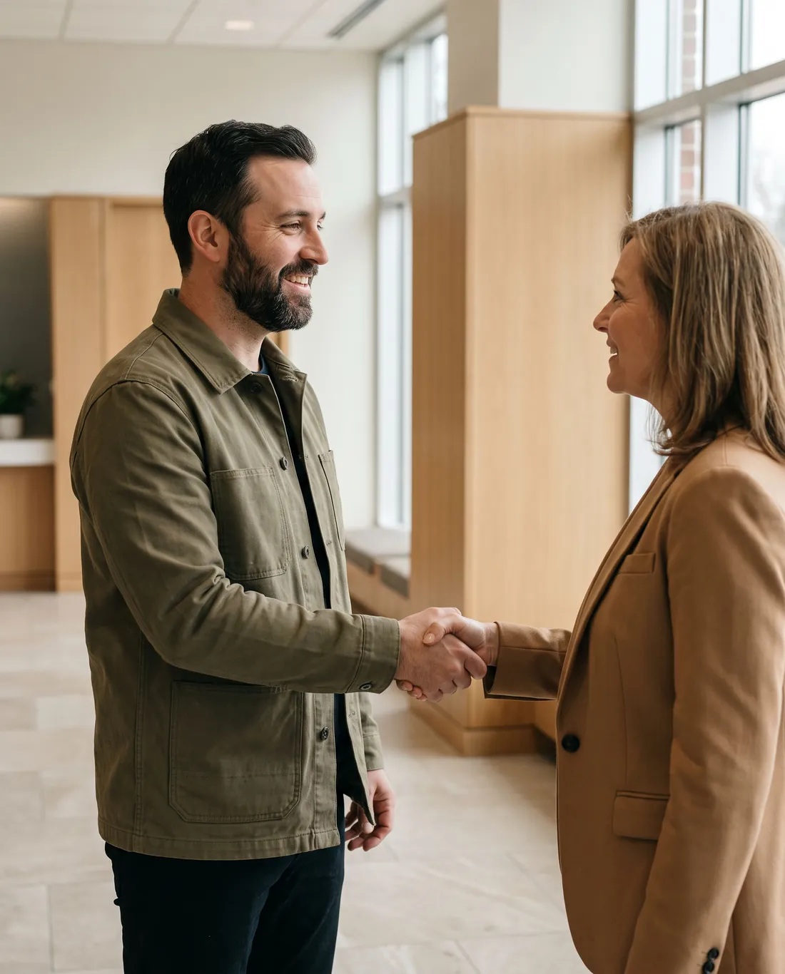 A business owner shaking hands with a loan officer in a bank lobby.