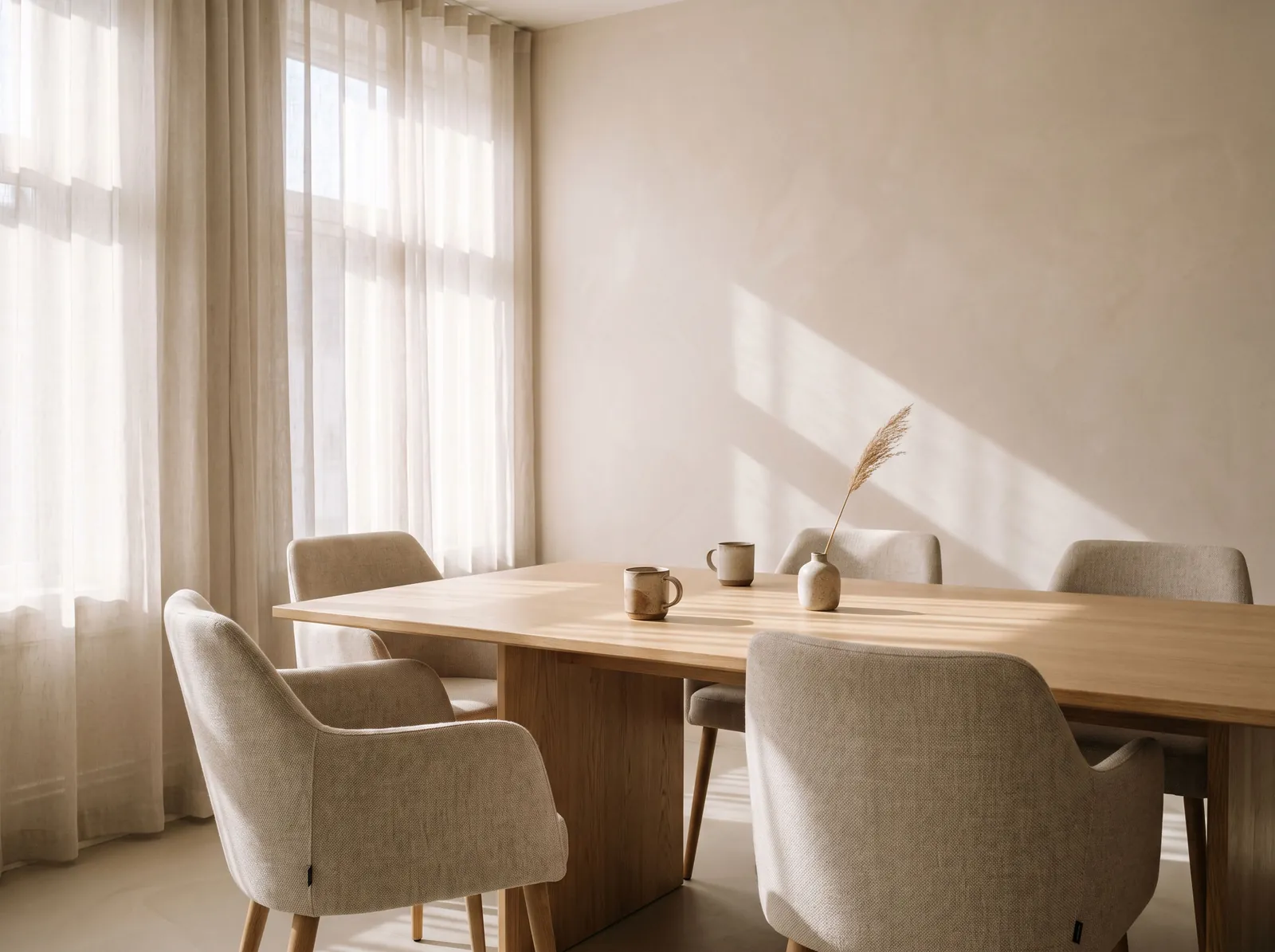 An empty, sunlit meeting room with one chair pulled out from the table.