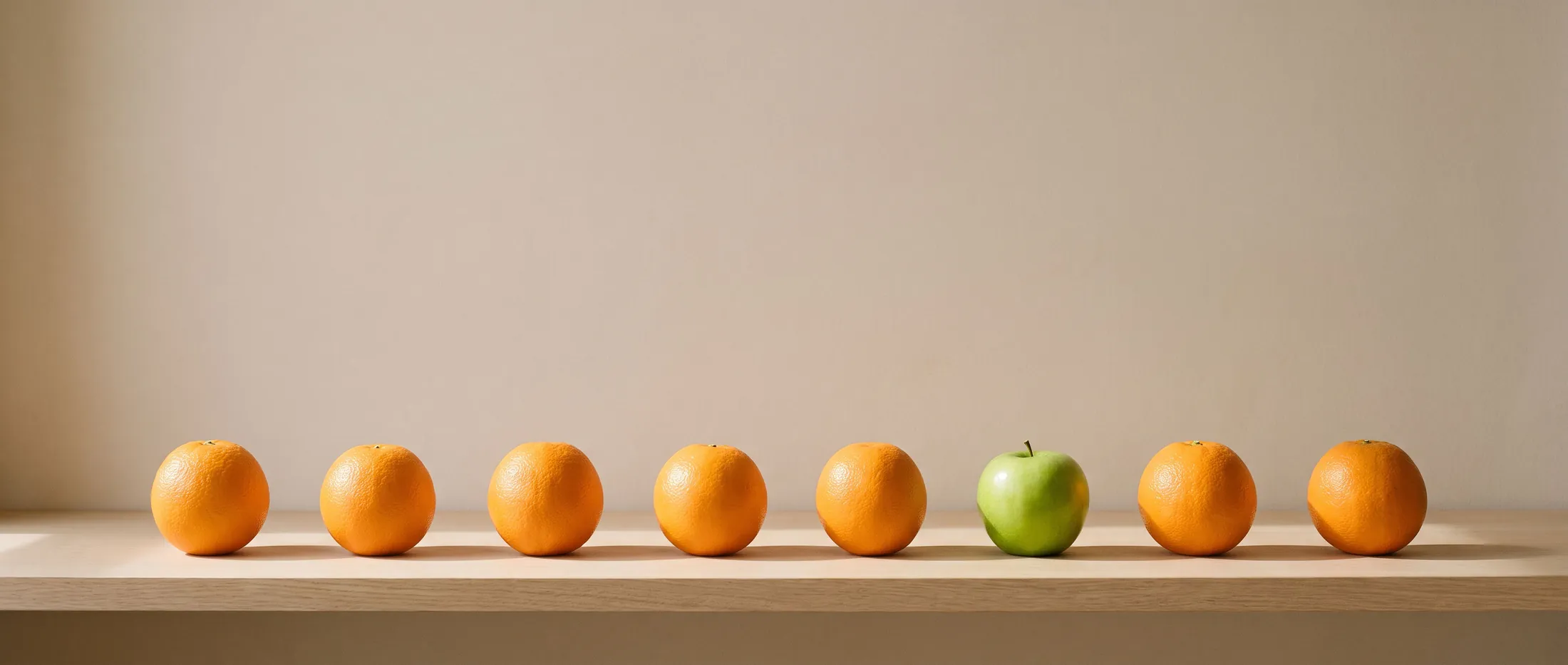 A neat row of oranges on an oak ledge with a single green apple among them.