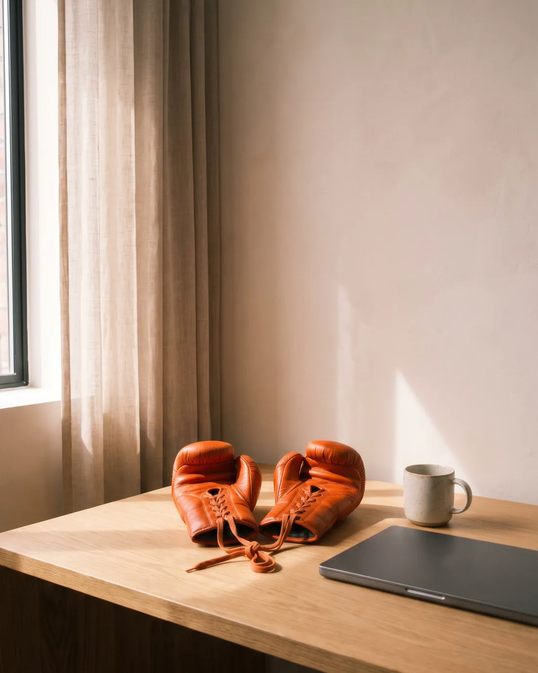 A pair of orange boxing gloves resting on a modern office desk.