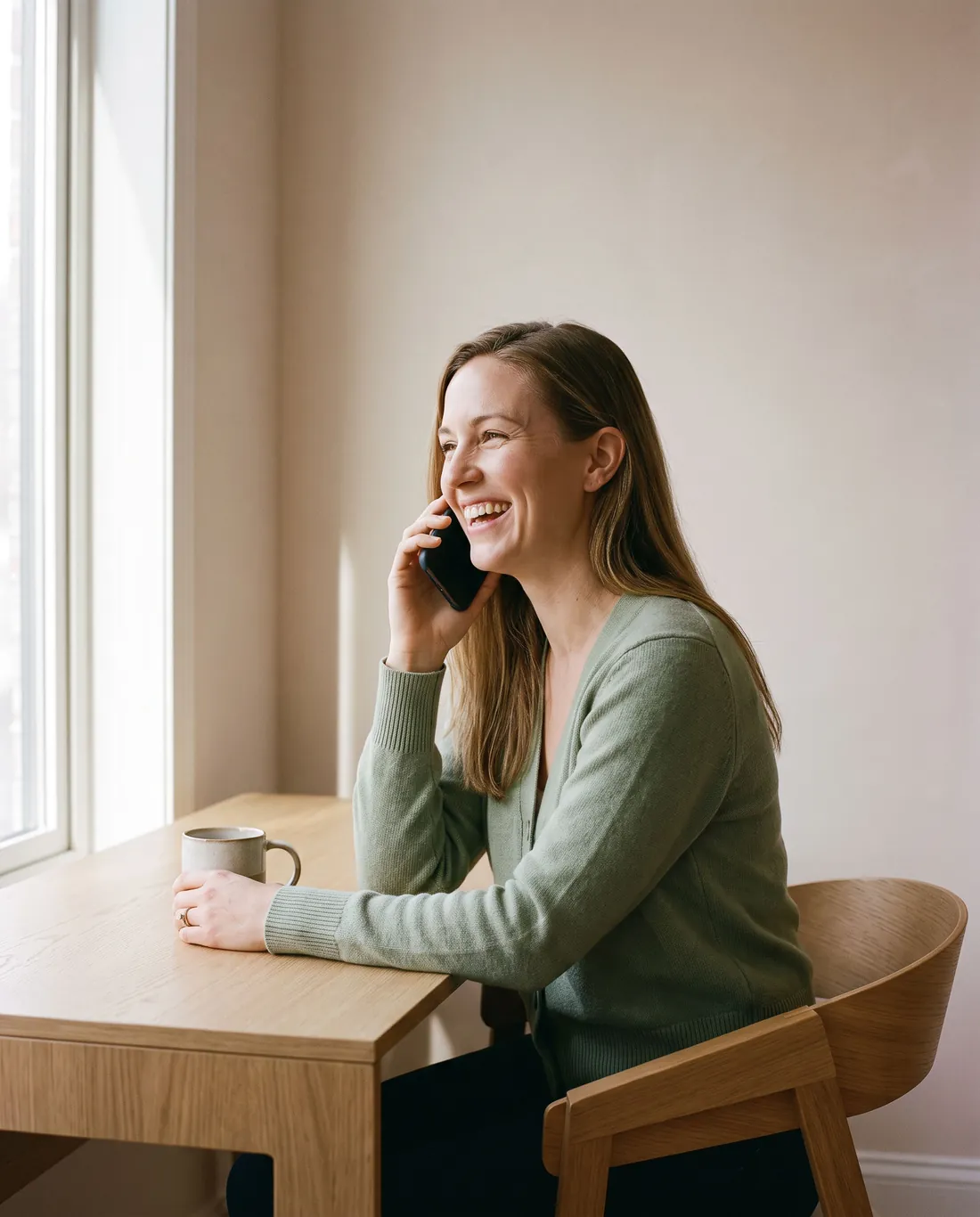 An accountant smiling on a phone call with a client at her desk.